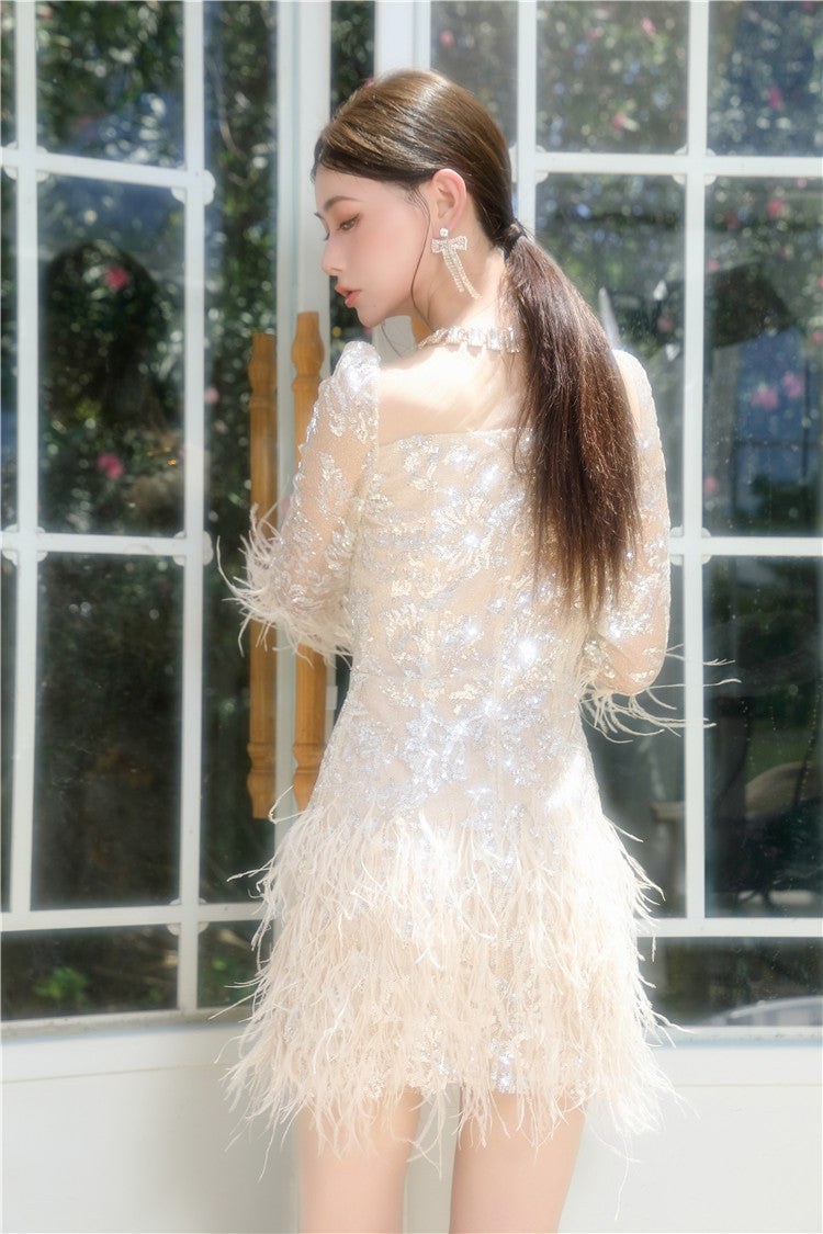 Wardrobes by Chen Elegant Long Sleeve Sequin Feather Party Dress-Daiadem S / Gold