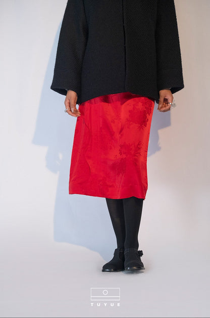 TUYUE Red Silk Satin Woven Midi Skirt- JOBE.