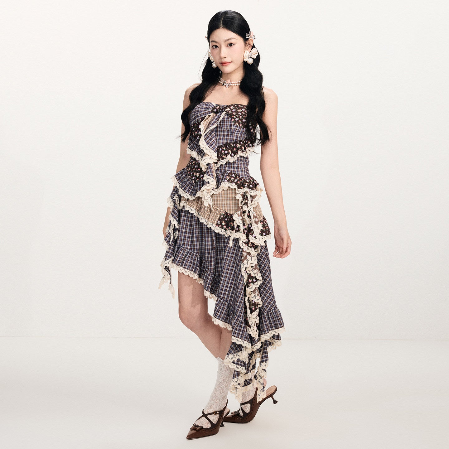 FAME Retro Check Floral Splicing Pastoral Irregular Skirt - CAIUS.