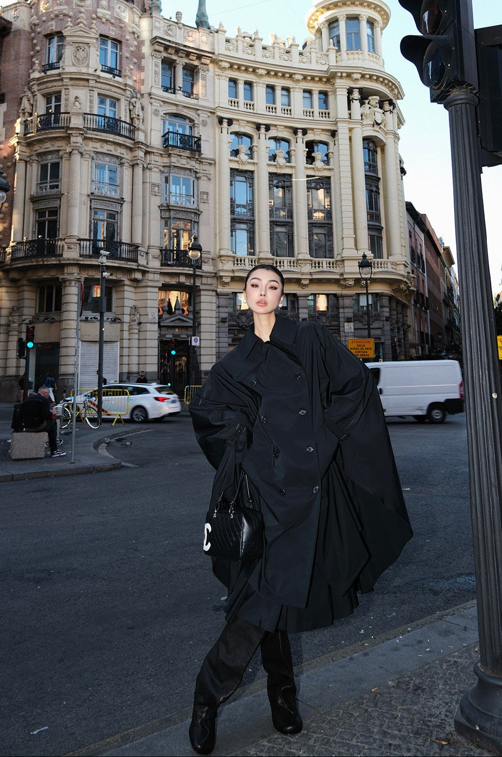 MEI SANGUAN black double-breasted trench coat &A-line skirt set - GALATEA