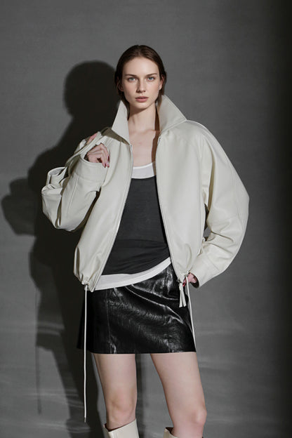 PIAOIN Small lapels short motorcycle leather jacket hem trimmed spring-DAX.