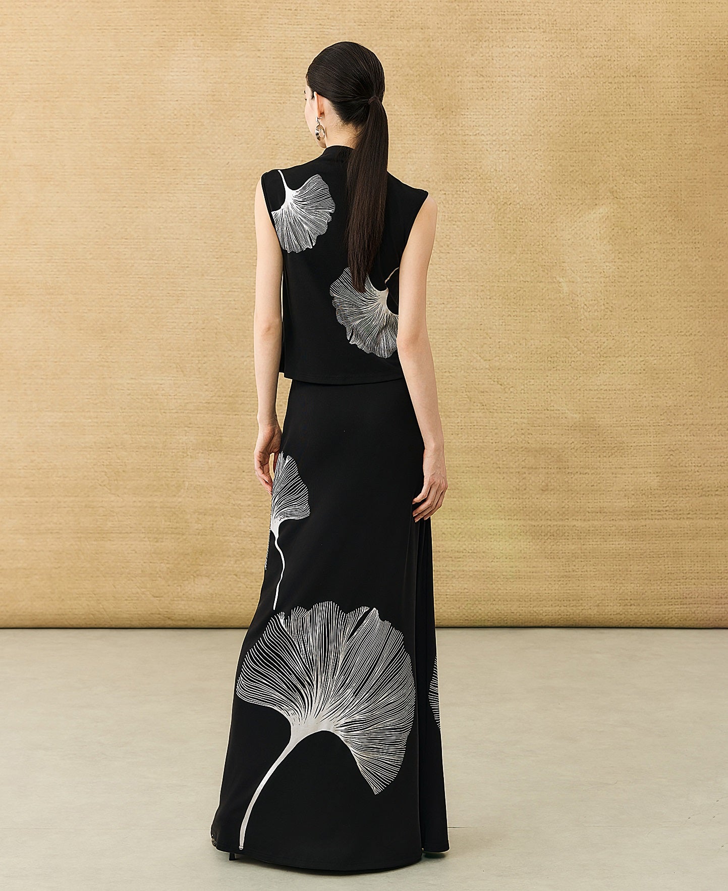 HECO Chinese draped skirt summer fashion ginkgo print skirt set - AFLORAL.