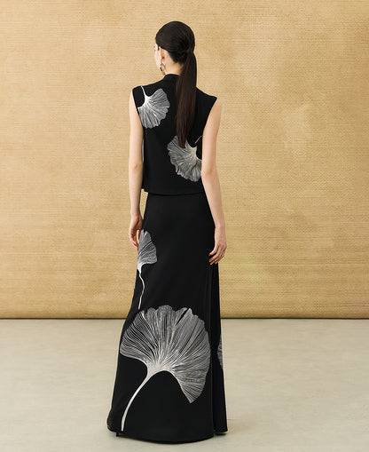 HECO Chinese draped skirt summer fashion ginkgo print skirt set - AFLORAL.