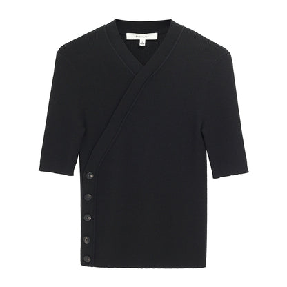 ZHUCHONGYUN black v-neck knitted top-LANGLEY.