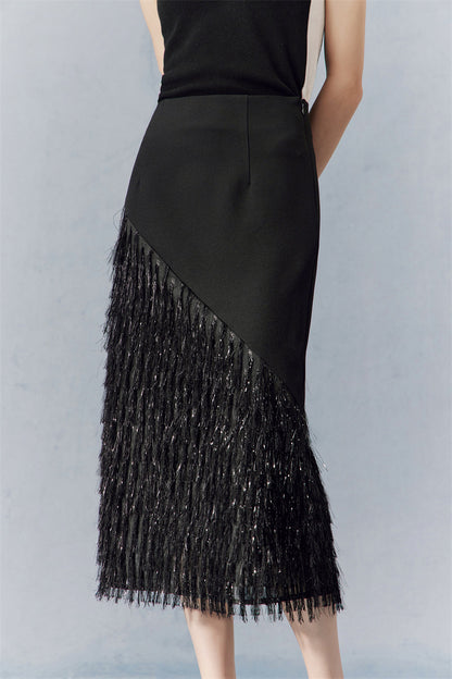 PURITY High-end chic black and silver fringed skirt