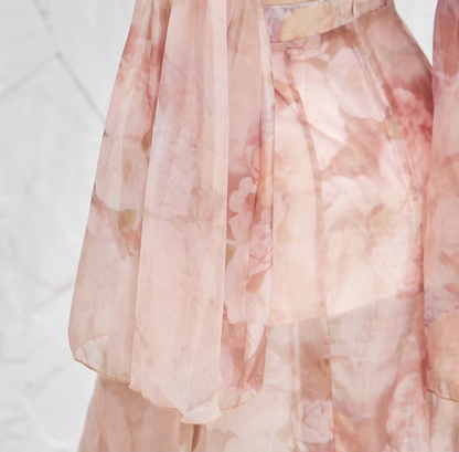 DOLLY Luxury Retro French Style Long Sleeve Top+ Retro Print Midi Slit Skirt-BIANCA