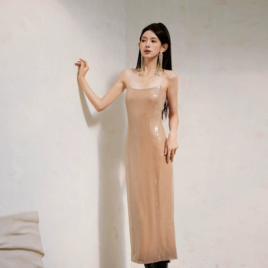 DOLLY High End French Style Sleeveless Mid Rise Long Sequin Date Dress-ABENA  (V)