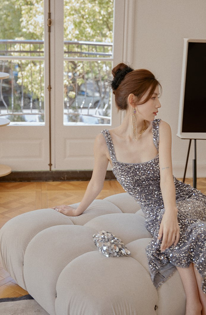 DOLLY Elegant Retro Style Square Collar Sleeveless Sequin Body Hug Evening Dress-HARPER