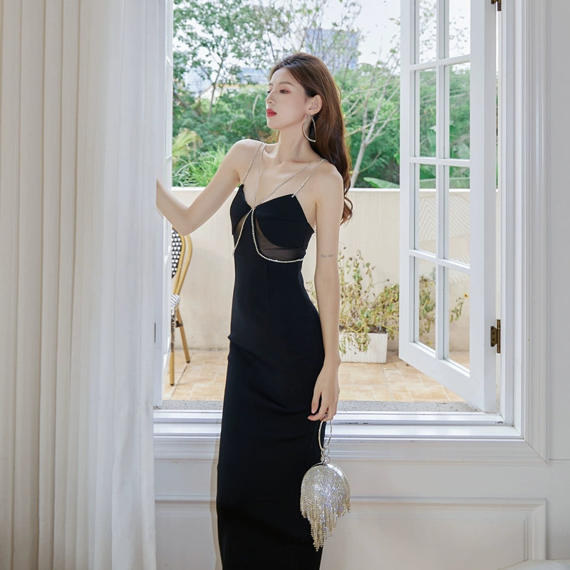 DOLLY High End Black Retro Style V-Neck Sleeveless Diamond Chain Long Dress-GENEVIEVE