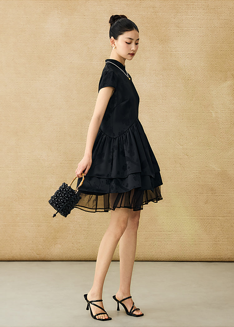 HECO Acetate Jacquard Midi Tiered Cap Sleeves Dress - HEART.