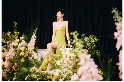 DOLLY Elegant Green V-Neck Sleeveless Slim Fit Backless Slit Resort Dress-JUN