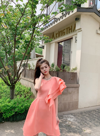 DOLLY Luxury Retro Style Crew Neck One Shoulder Ruffle Sleeves Midi Office Dress-CLAUDI