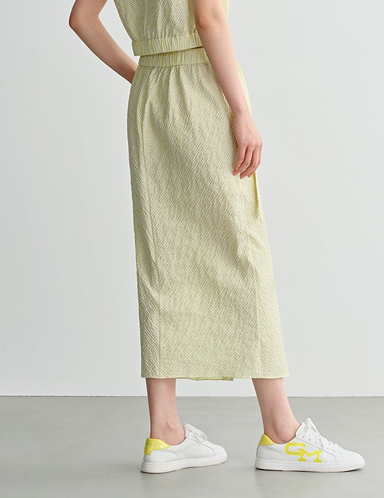 COMME MOI Crinkled yellow striped front slit midi skirt - CUBA.