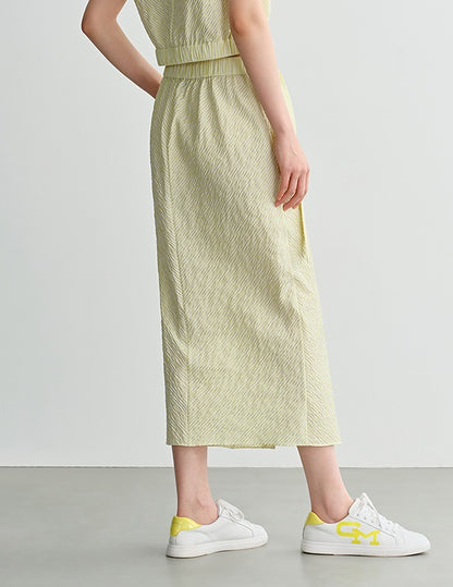 COMME MOI Crinkled yellow striped front slit midi skirt - CUBA.