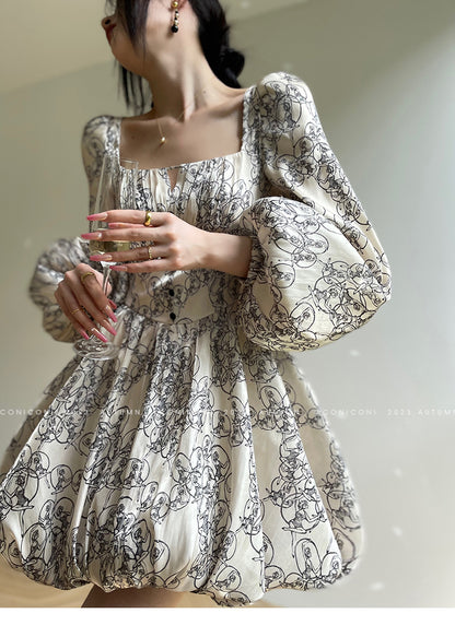 Aconoconi Print Square Collar Long Puff Sleeve Bubble Short Dress - Moonlight Waltz