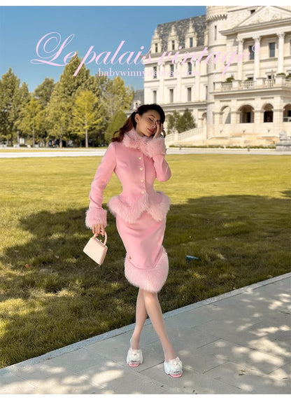 Le Palais Vintage Elegant long sleeve pink fur collar two piece banquet suit- Fave