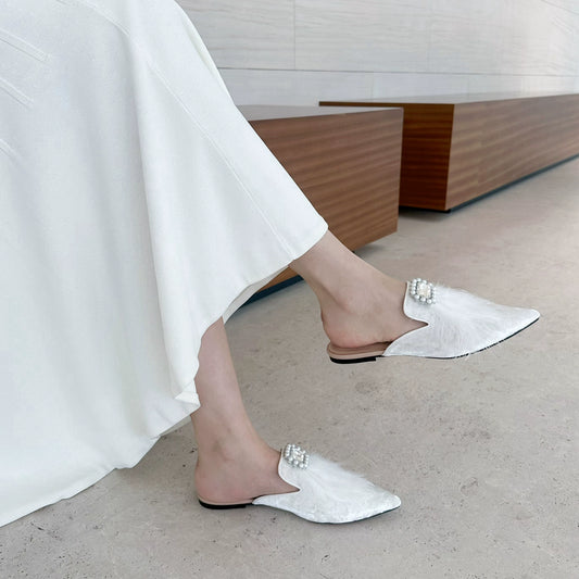 B-FEI rhinestone buckle flat pointed toe slippers for women-ROSS.