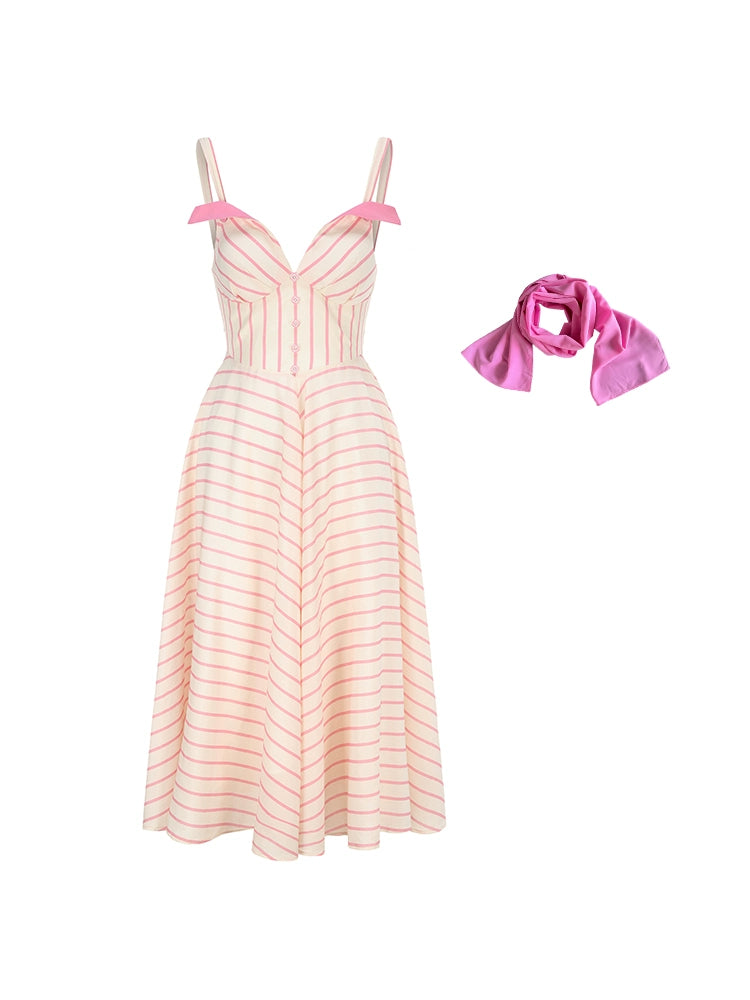 Le Palais Vintage Elegant  pink and white striped heavy work Maxi skirt draped dress-UNIQUE