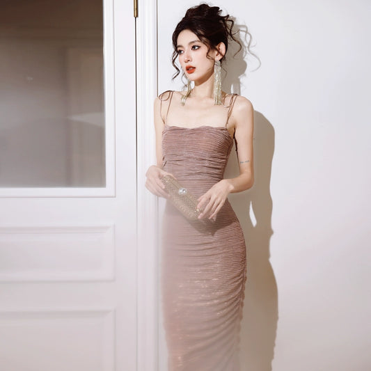 DOLLY Elegant Sleeveless Pleated Slim Fit Long Suspender Cocktail Dress-BLESS  (V)