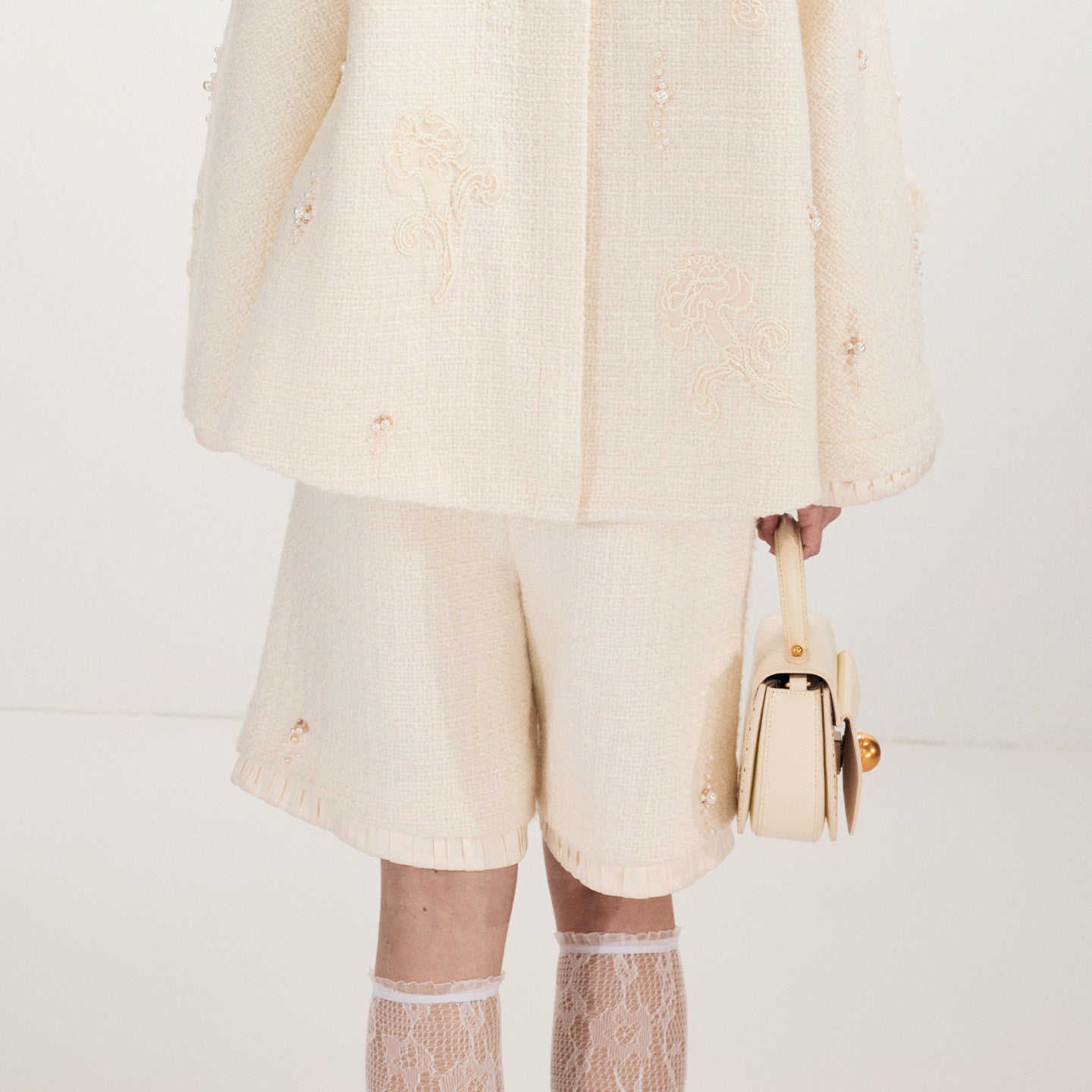 FAME Flower Beaded Embroidered Pearl Embellished Tweed Shorts Slacks - ALARIC.
