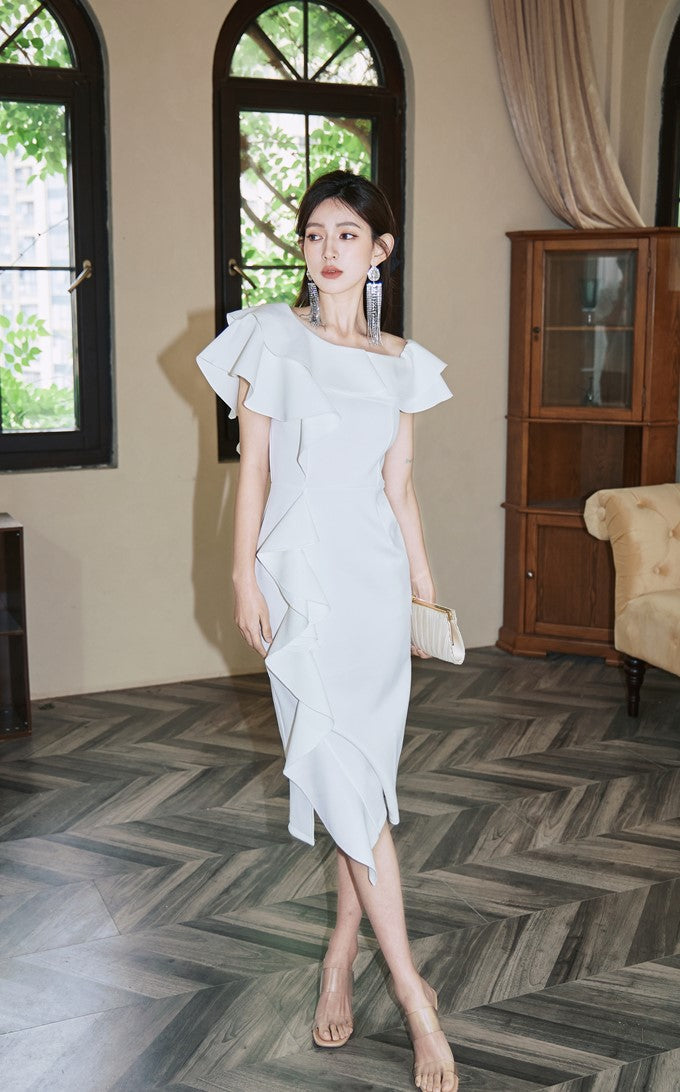 DOLLY High End Purple Ruffled Square Collar Slim Fit Formal Dinner Dress-ANGELIKI