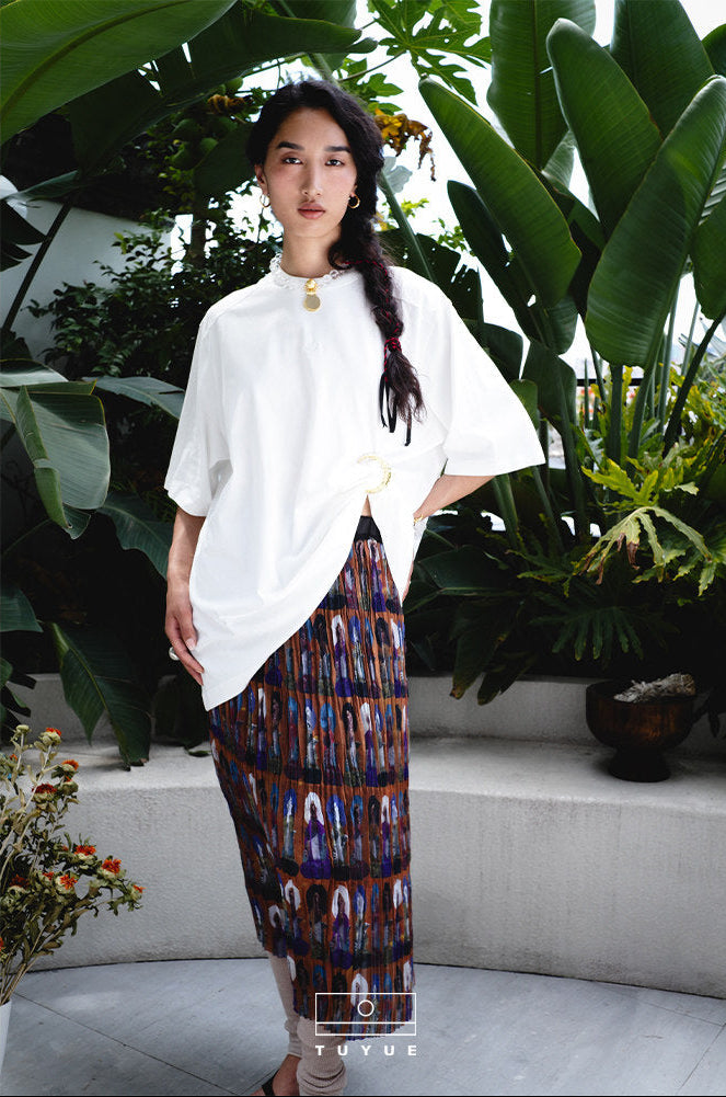 TUYUE Mural print pleated high waisted midi skirt- ANDANA.