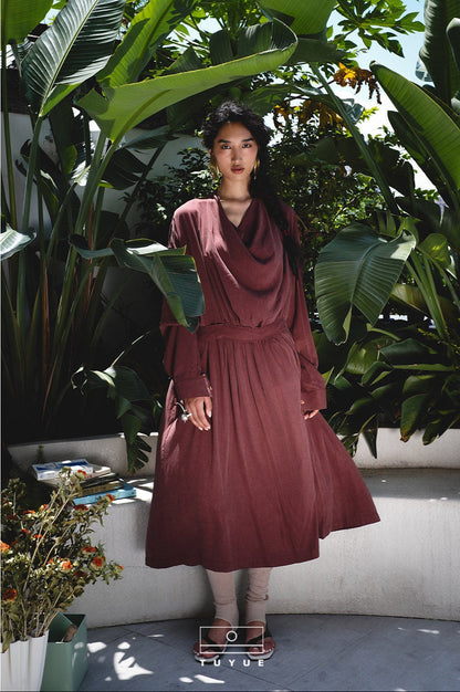 TUYUE Brown red loose drape collar cinched waist long-sleeved dress - JULIET.