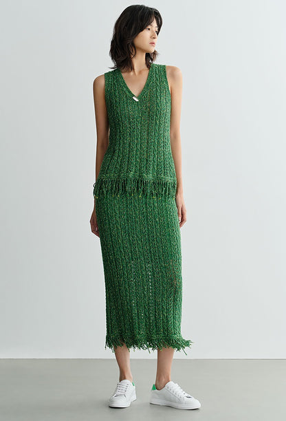 COMME MOI Lv Yan designer spring new women's beaded tassel cut-out knitted skirt - DAISY.