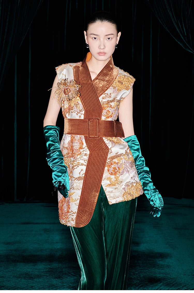 M essential Mackay designer quilted wide belt placket vest pant set- indira