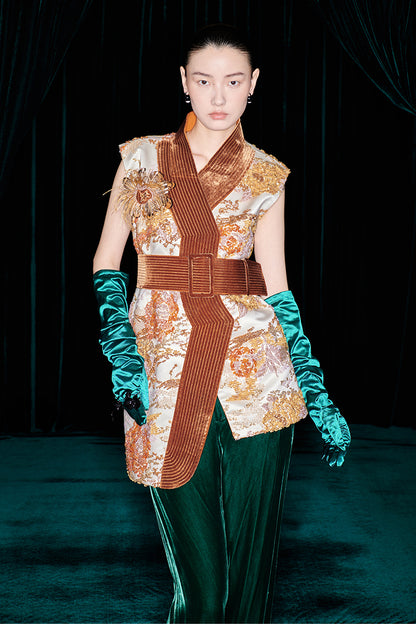 M essential Mackay designer quilted wide belt placket vest pant set- indira