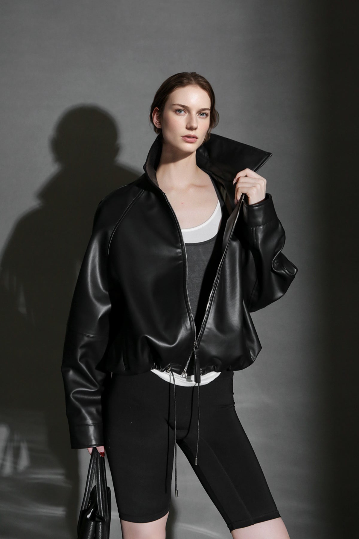 PIAOIN Small lapels short motorcycle leather jacket hem trimmed spring-DAX