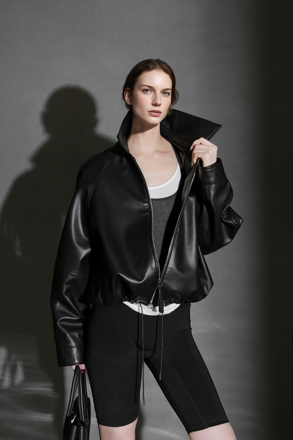 PIAOIN Small lapels short motorcycle leather jacket hem trimmed spring-DAX