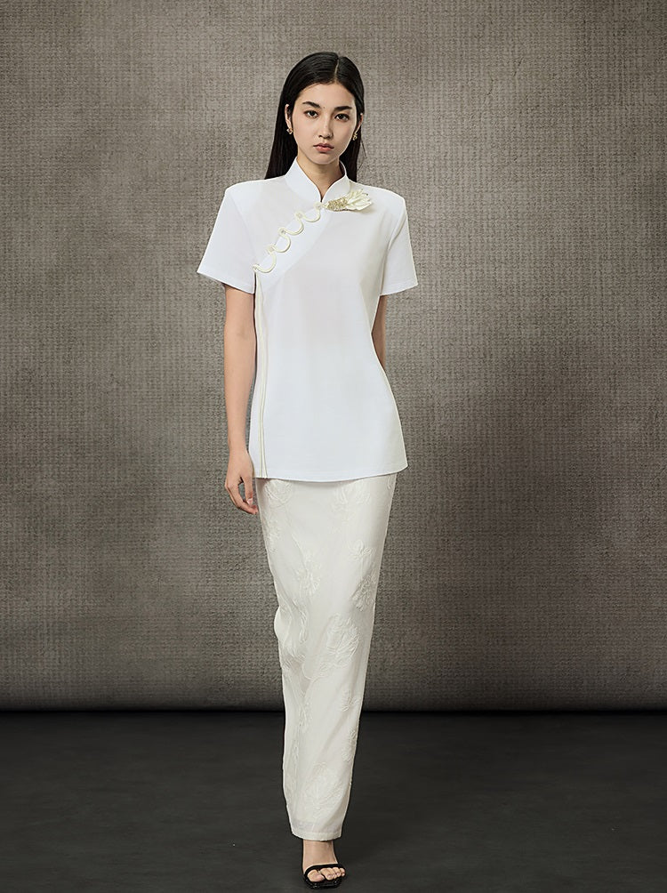 HECO Summer Handmade Orchid Winding Mandarin Neckline Short Sleeve Top - FLIGHT.