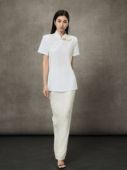 HECO Summer Handmade Orchid Winding Mandarin Neckline Short Sleeve Top - FLIGHT.