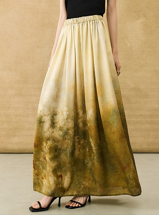 HECO Chinese Gradient Blended Lightweight Summer Print High-Waisted Skirt - AVEL.