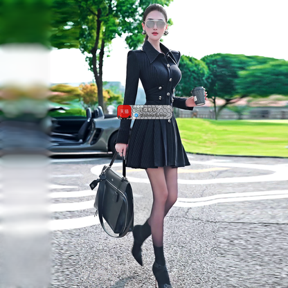 VJE Small Pleated Commuter Waist Cinched OL Shirt Dress-YAYA.