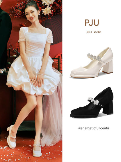 PJJUU white marijue wedding thick high heels - JANE.