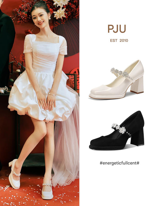 PJJUU white marijue wedding thick high heels - JANE.