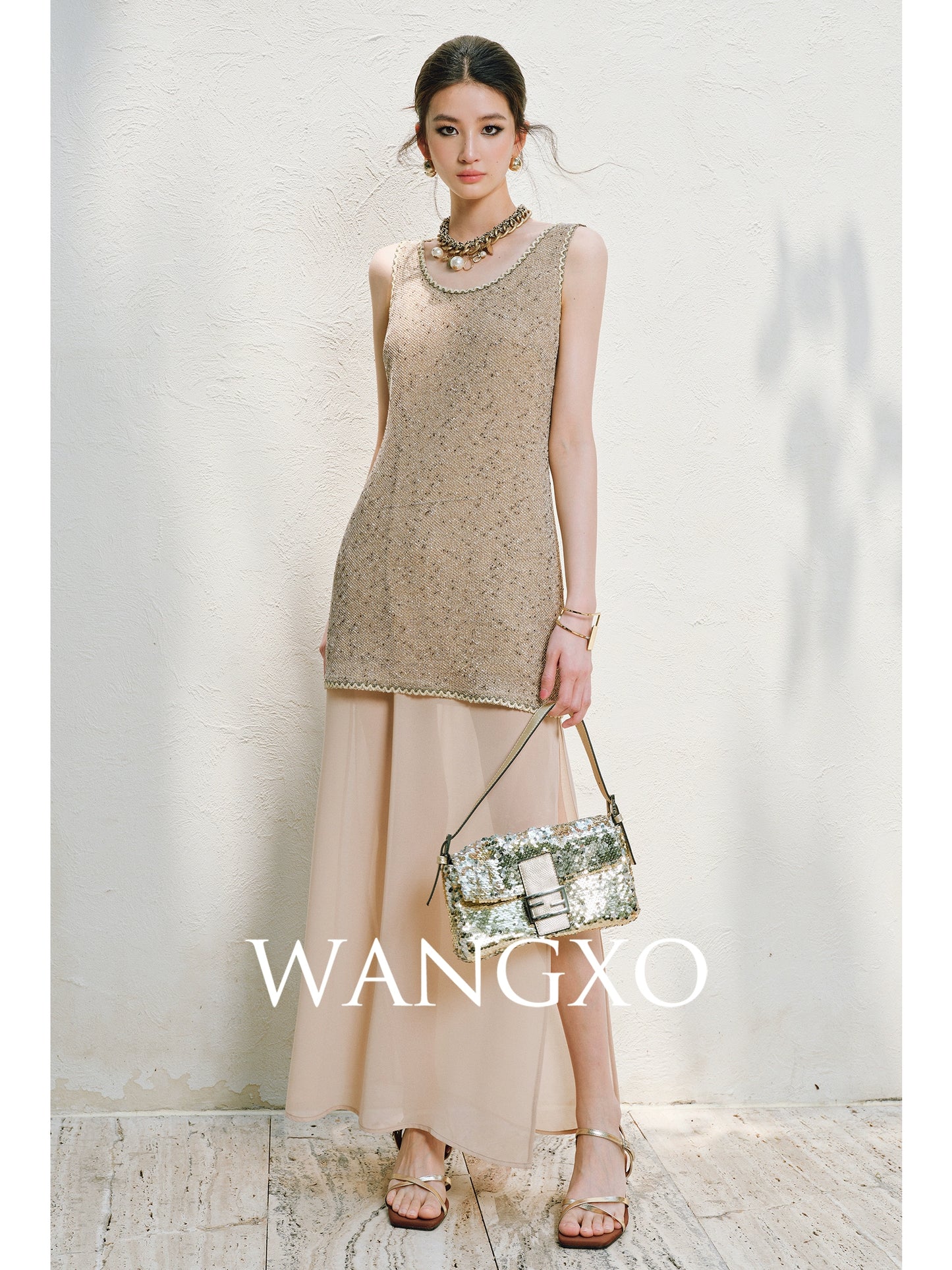 WANGXO | Satin-Stitched Georgette & Stretch Sequin Knit  Suspender Skirt & Vest Skirt Set -LUMA