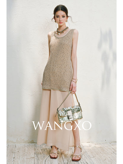 WANGXO | Satin-Stitched Georgette & Stretch Sequin Knit  Suspender Skirt & Vest Skirt Set -LUMA
