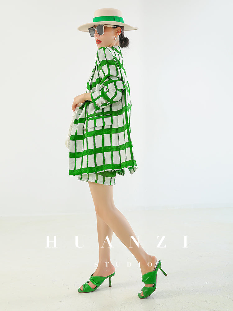 Huanzi jacquard plaid brushed green high waist short shirt - Guk