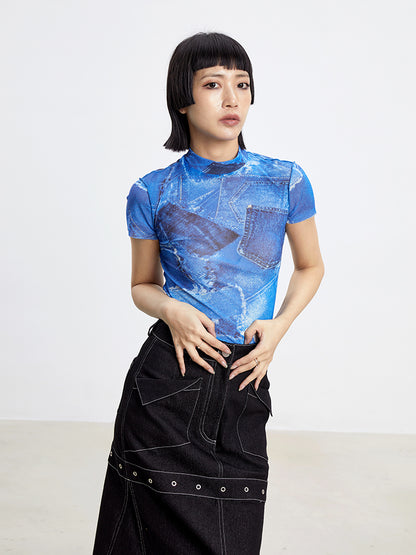 TINY IN denim print sun protection mesh long short sleeve t-shirt -IHU