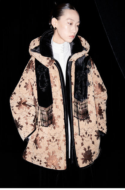 M essential Mackay drop-off jacquard crochet-embroidered hooded puffer jacket - all apere.