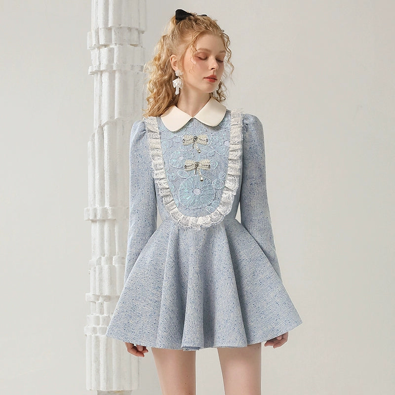 CHECOCRE Elegant Contrasting Lace Short Blue Dress Sweet Doll Collar - PUR