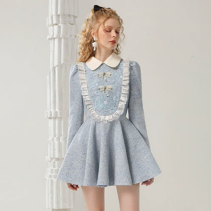 CHECOCRE Elegant Contrasting Lace Short Blue Dress Sweet Doll Collar - PUR