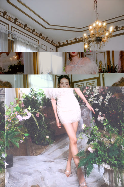 Wardrobes by Chen Luxury Off White Off Shoulder Feather Short Mini Party Dress-Genny