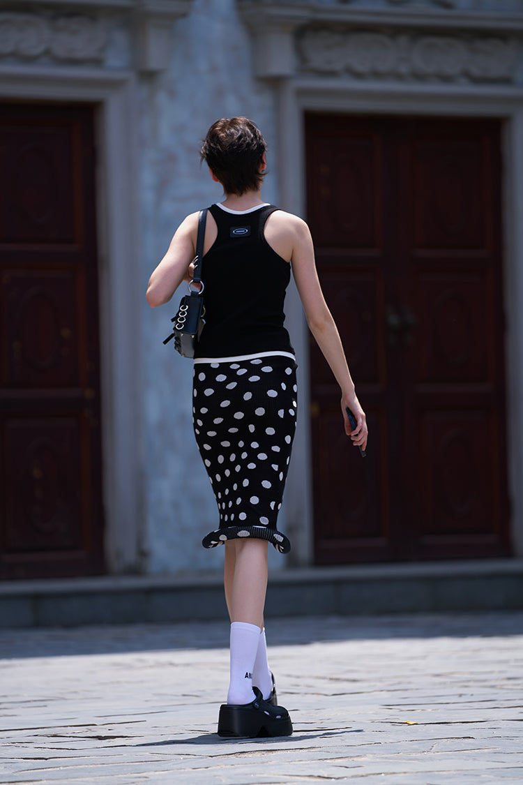 ANNAKIKI women's clothing black shaped polka dot skirt knitted hip skirt-SUZY
