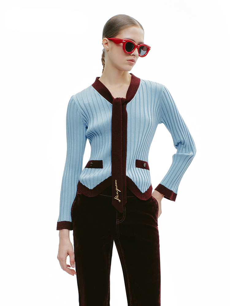 YES BY YESIR ribbed texture maroon accents scarf-tie neckline top - HEAT.
