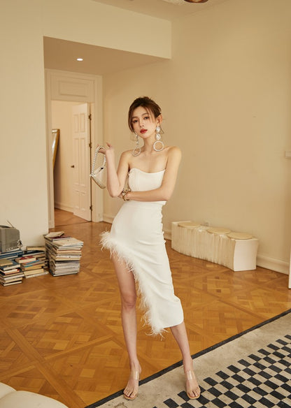 DOLLY Elegant Sleeveless Off Shoulder Tube Top High Slit Feather Dress-NIKKI