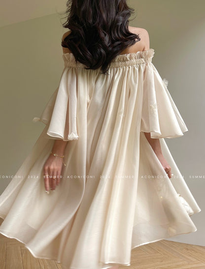 Aconiconi Luxury Off-Shoulder Flower Short Sleeve bridal baby doll Dress - Magnolia Lotus Fragrance
